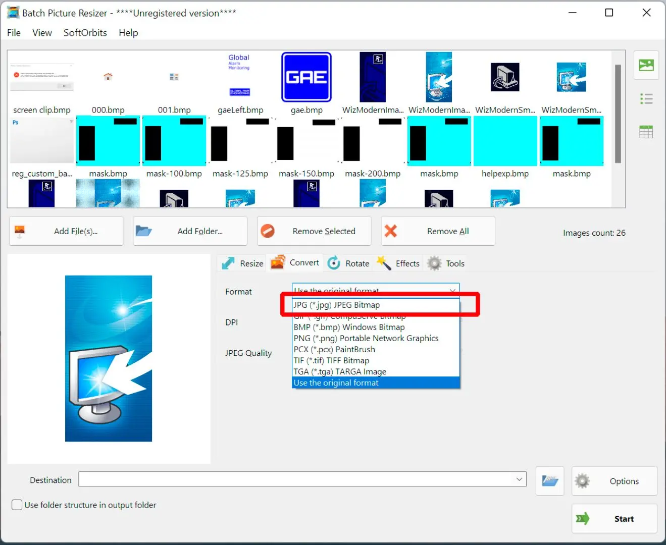 Change output to jpeg..