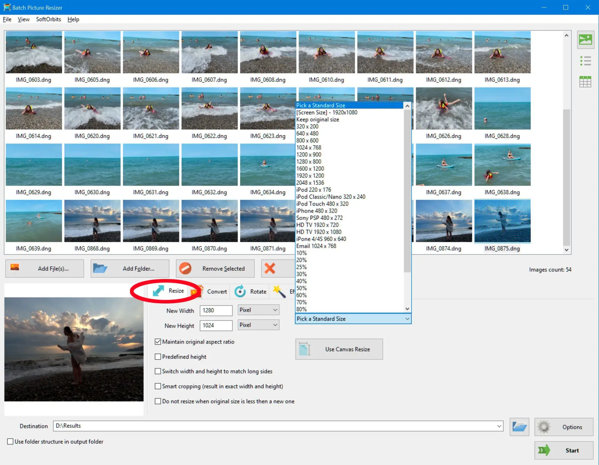  optional resize and aspect ratio settings..