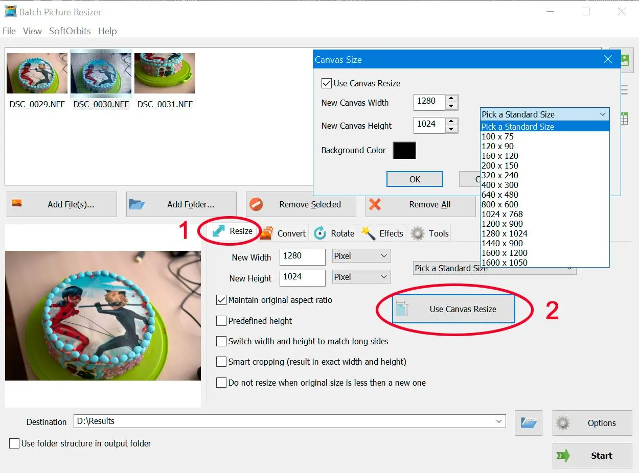 Set the output size for resized photos..