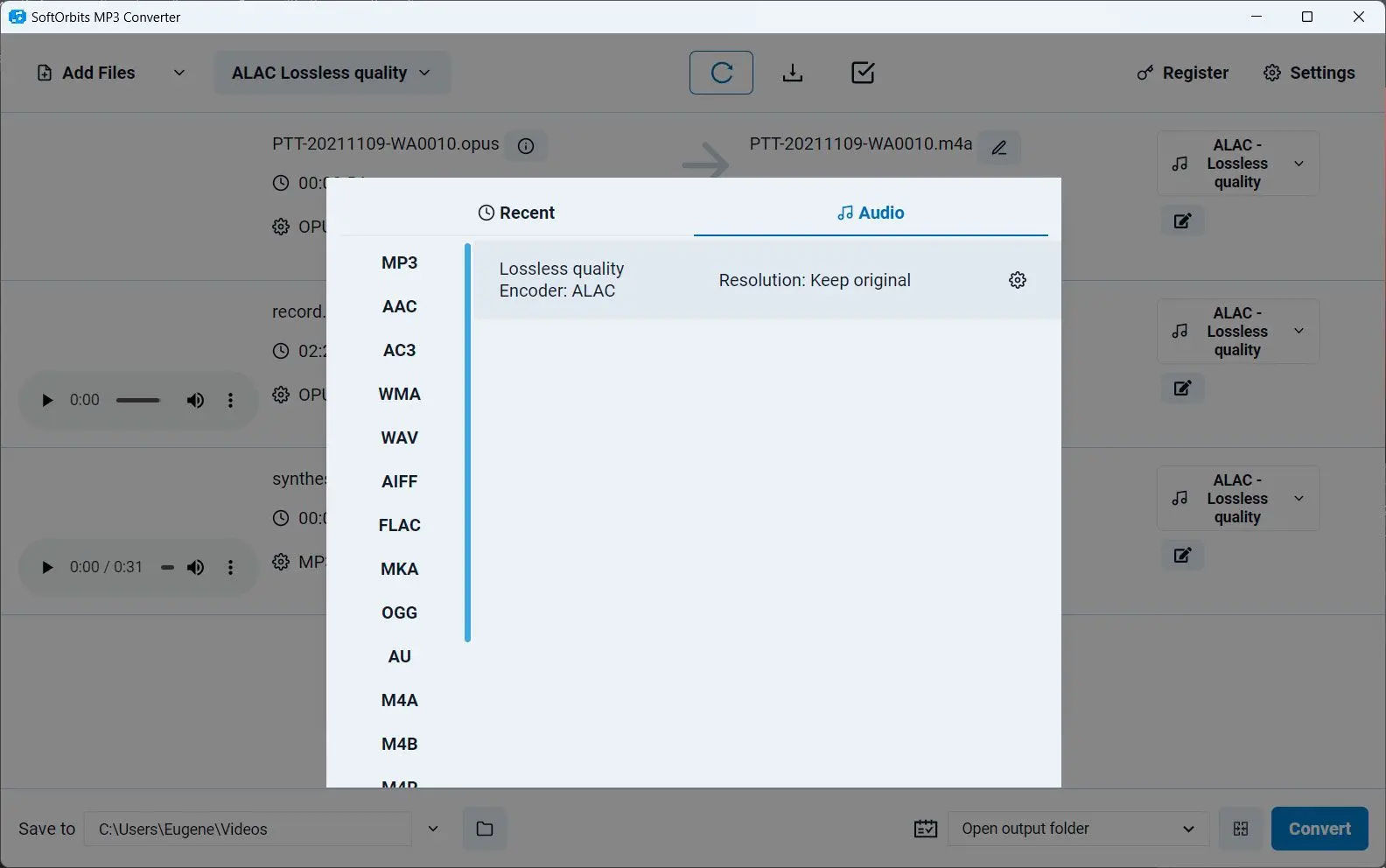  Select Apple Lossless ALAC as the output format..