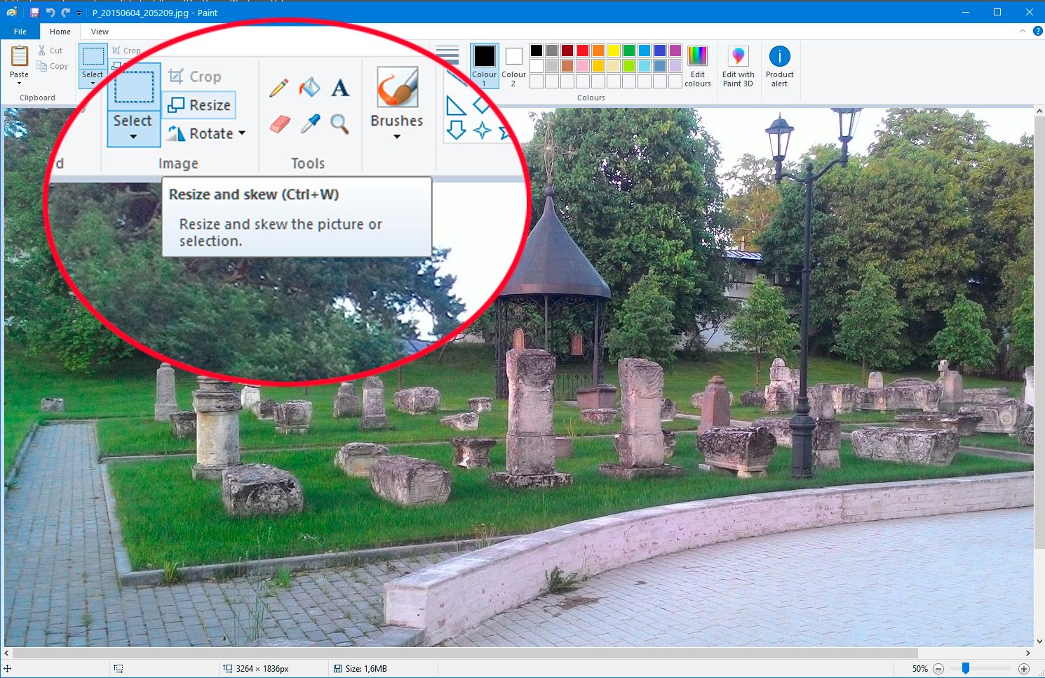 Click on the resize in Paint..