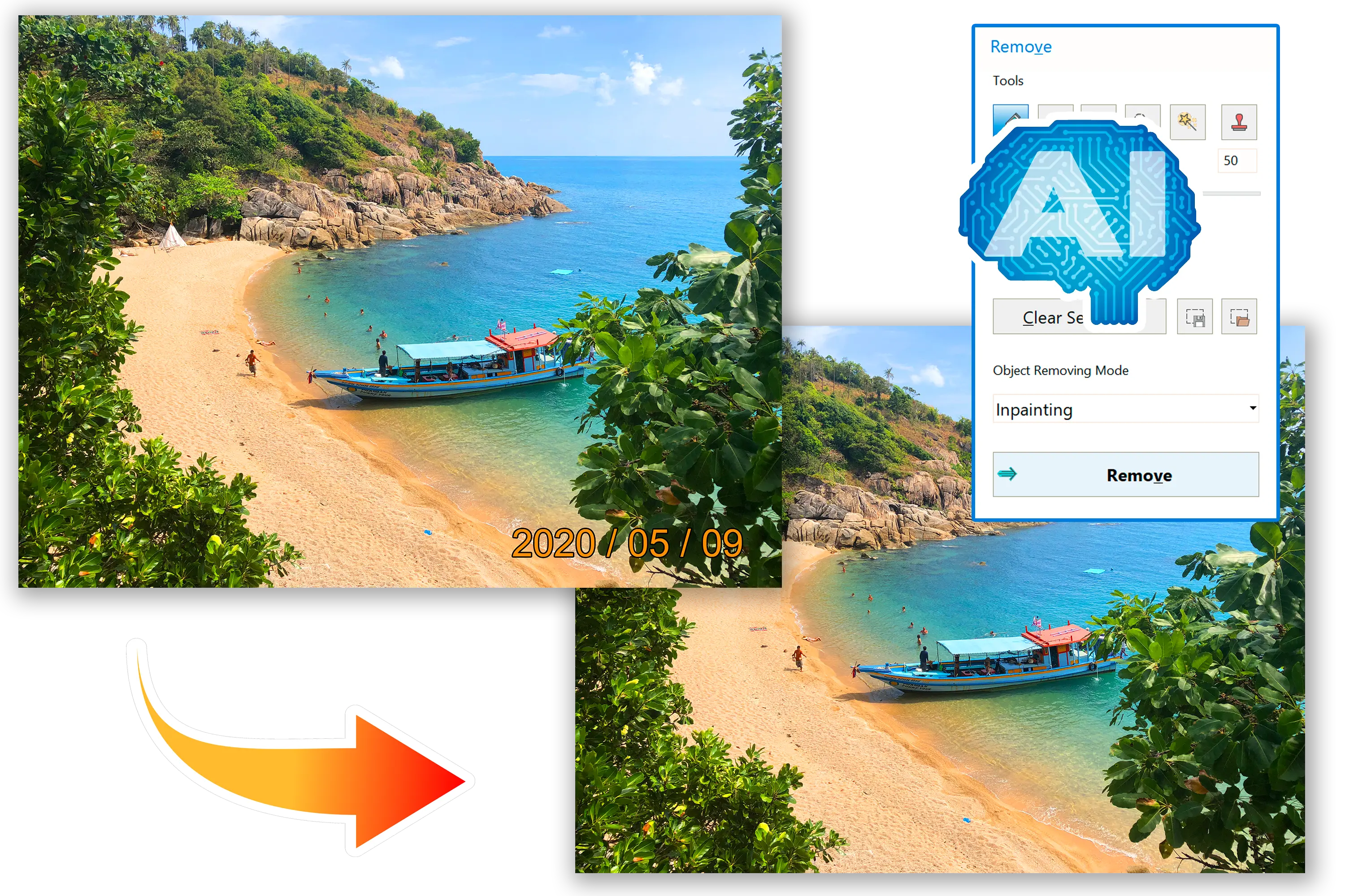 AI Date Remover for Stamps and Watermarks.