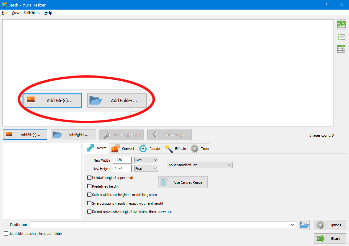 Add files to batch resize multiple images in Windows 11.