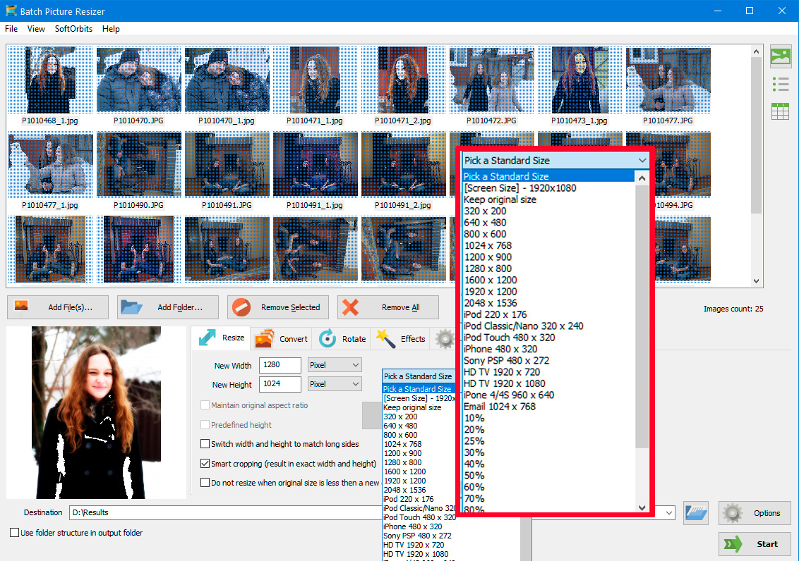 Choose output size before you batch crop images on Windows.