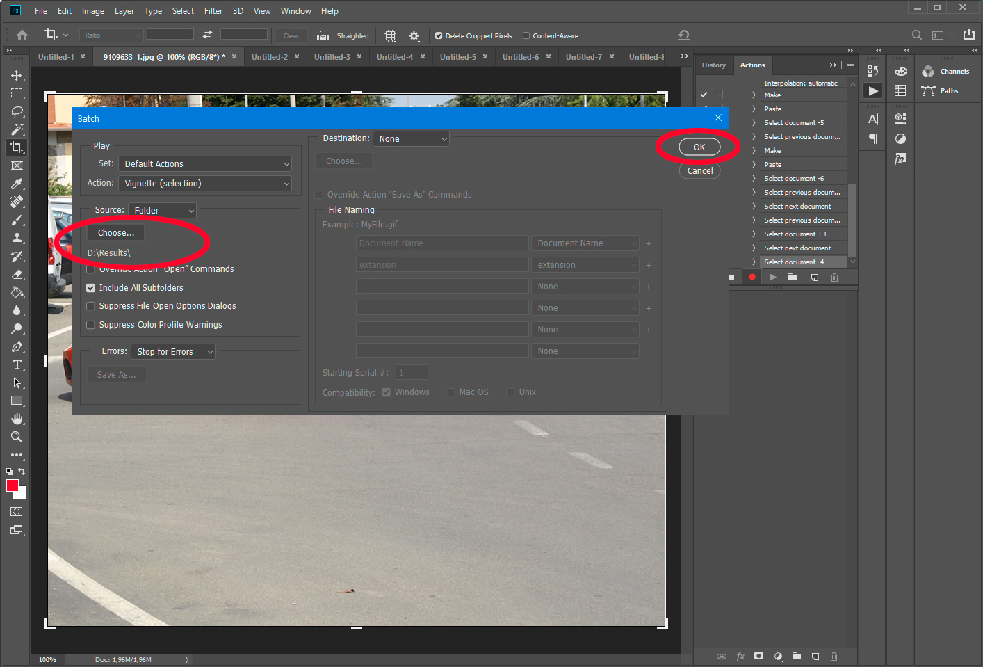 Start image resizing action in Photoshop.