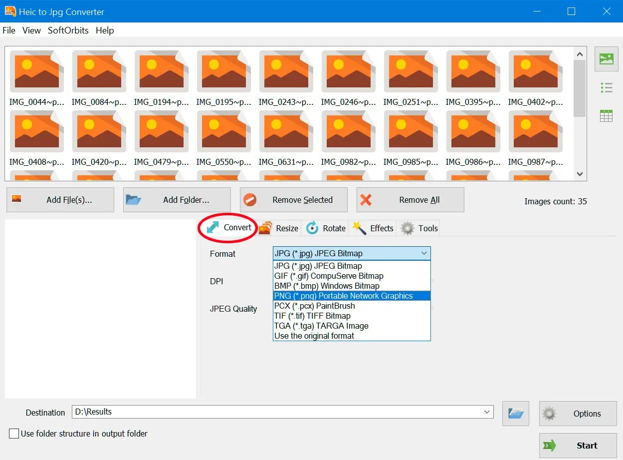 Choose PNG as the Output Format.